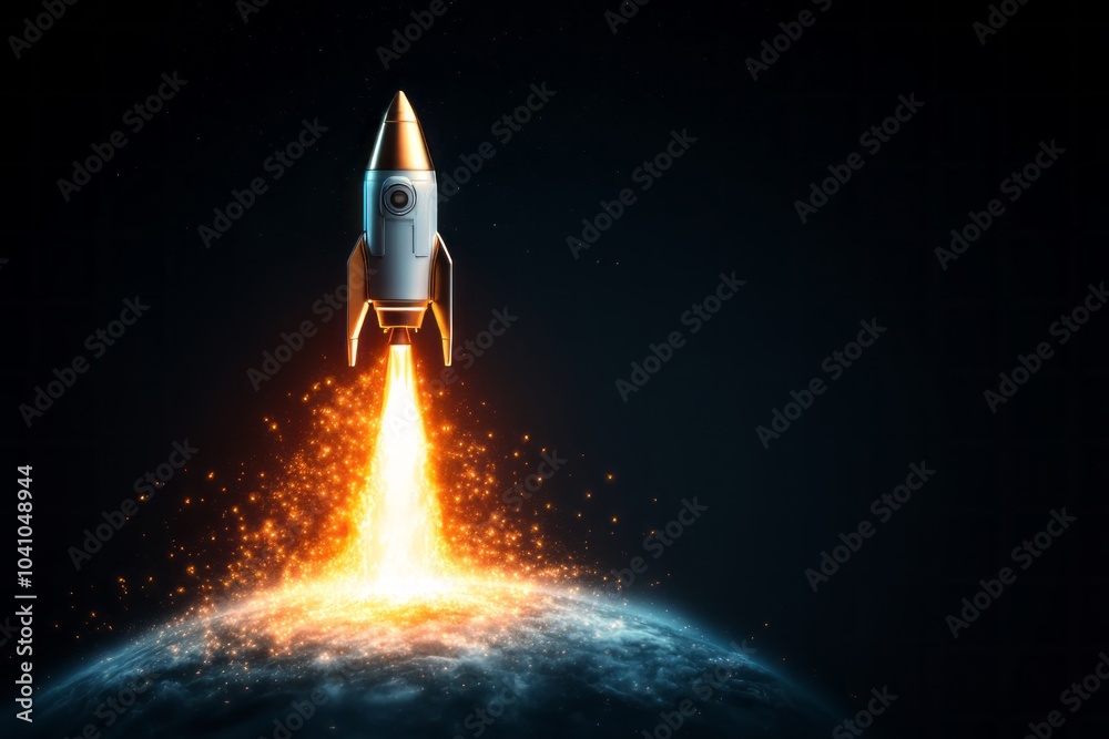 Naklejka premium Rocket launching into space, fiery exhaust against a dark background.