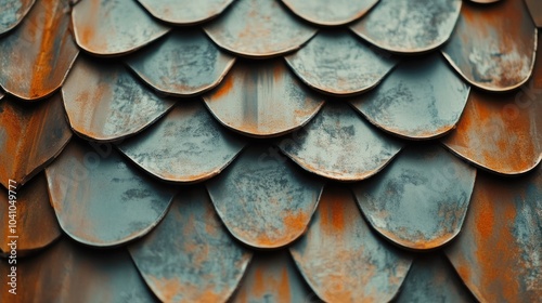 Close-up view of overlapping metal shingles with a weathered patina.