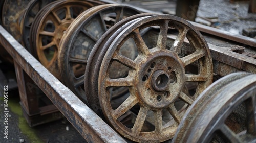 Rusty train wheels stacked on a rail, showcasing industrial decay and history.