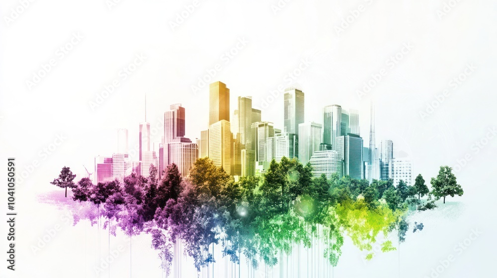 Cityscape with Trees and Rainbow Colors Cityscape with Trees and Rainbow Colors