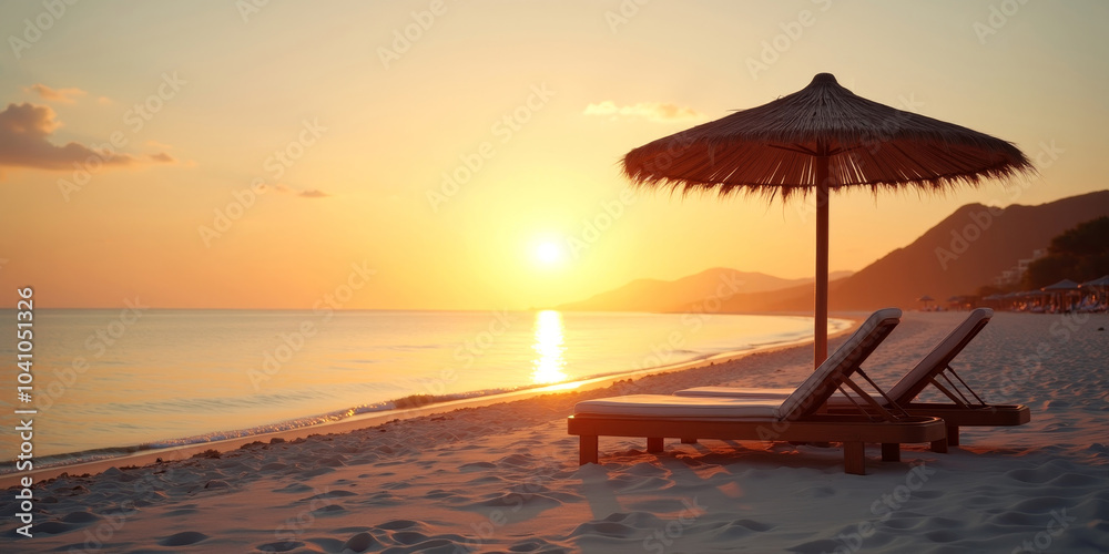 Tropical beach sunset with lounge chairs under parasol on sandy shore Tropical beach sunset with lounge chairs under parasol on sandy shore