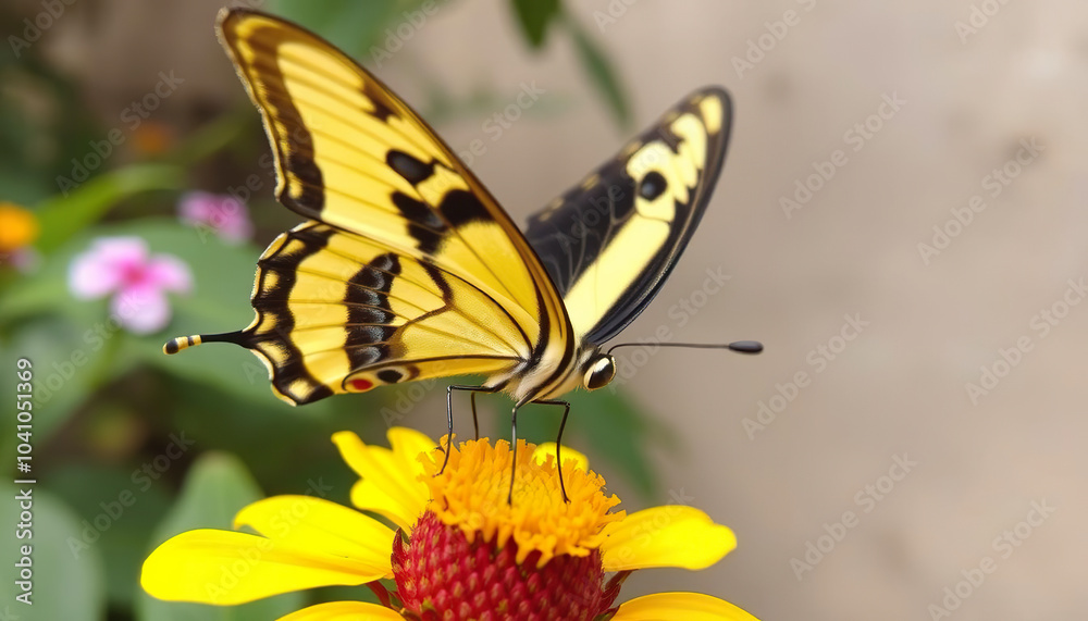 A butterfly is sitting on a yellow flower A butterfly is sitting on a yellow flower