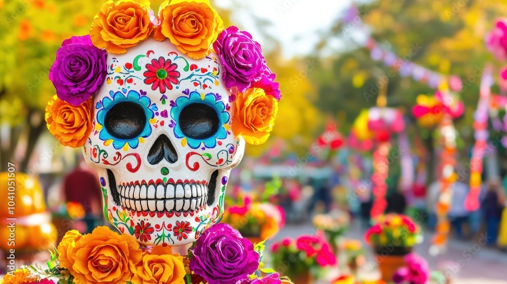 Vibrant Dia de los Muertos Skull with Colorful Flowers and Roses Vibrant Dia de los Muertos Skull with Colorful Flowers and Roses