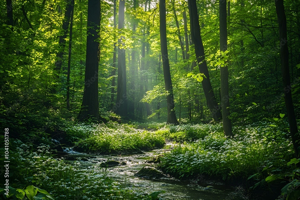Obraz premium The forest is dense and lush with life. The sun shines through the thick canopy of trees. Glowing patches of wildflowers on the forest floor, a small stream flowing by.