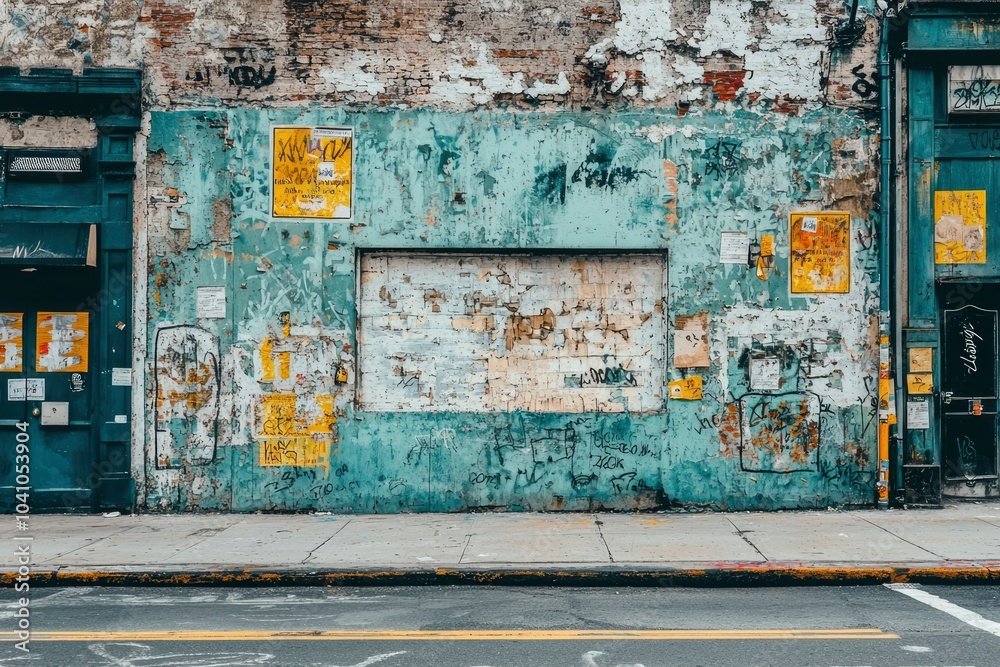 Fototapeta premium A weathered brick wall with peeling paint, graffiti, and old posters