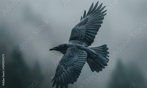 A large black bird flying in the air with a foggy background. AI.