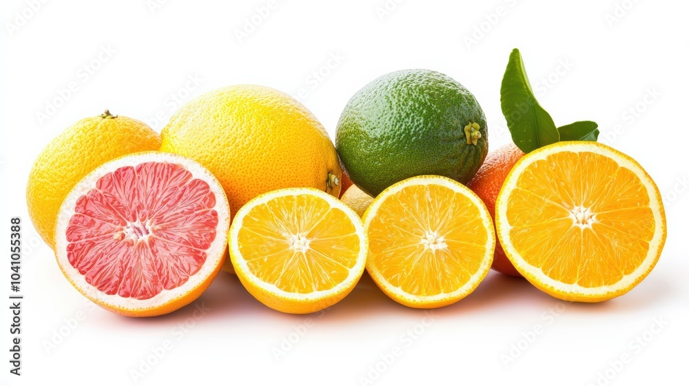 A row of oranges and grapefruit are displayed on a white background A row of oranges and grapefruit are displayed on a white background