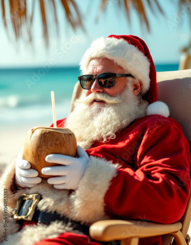 Santa enjoys tropical beach vacation with coconut drink and sunglasses