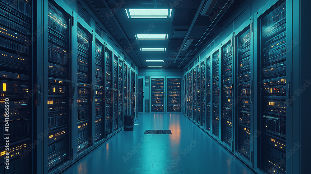 Modern data server room with blue glowing lights Modern data server room with blue glowing lights