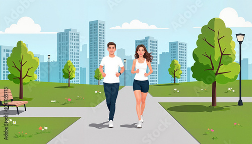 Man and woman jogging together in a city park on a bright day