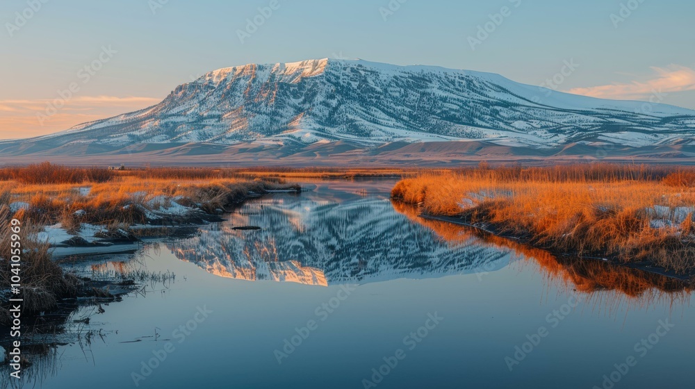 Obraz premium A snow-capped mountain reflects in a calm river. AI.