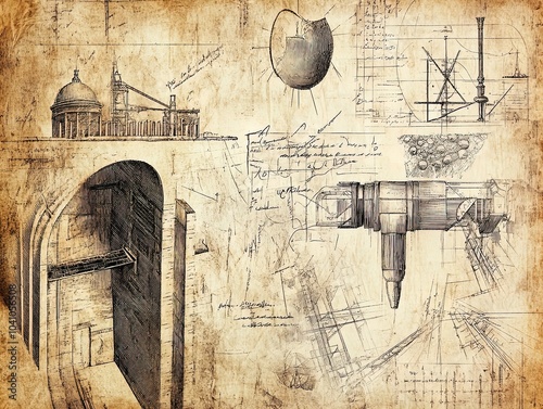 Vintage Scientific and Architectural Illustrations: Sepia-Toned Poster with Hand-Drawn Designs and Calligraphy for Inspiring Study Spaces or Unique Home Décor