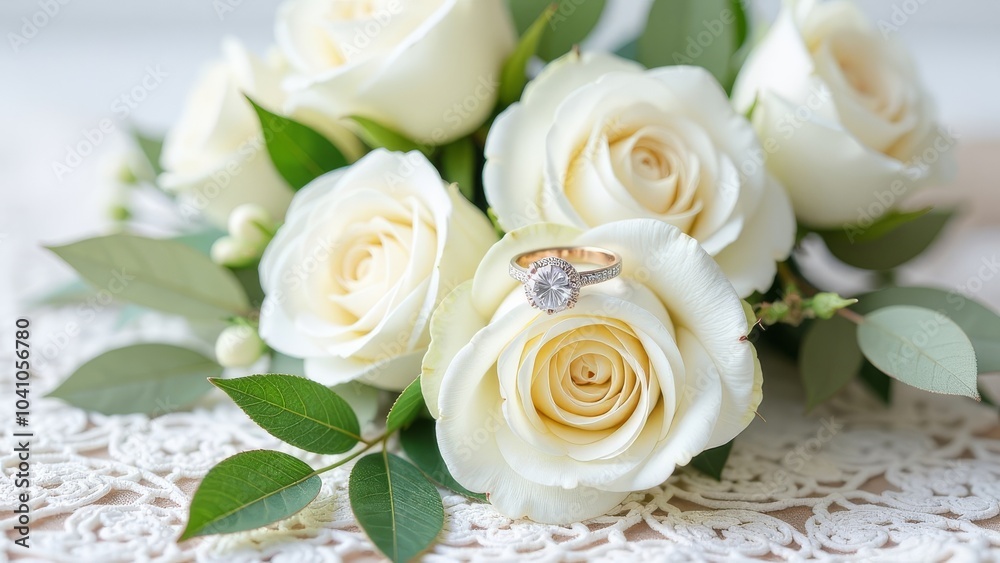 A white rose with a gold ring on top of it A white rose with a gold ring on top of it