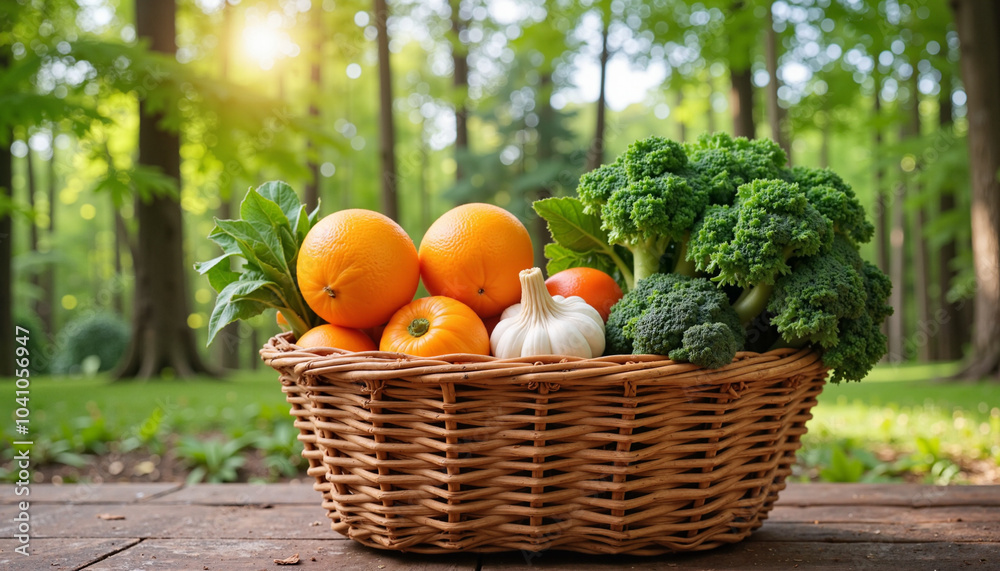 Basket of fresh vegetables and fruits outdoors in nature Basket of fresh vegetables and fruits outdoors in nature