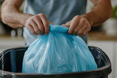 Man taking out a garbage bag from a bin at home, close-up shot photo