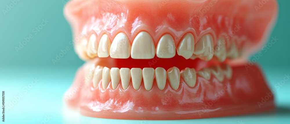 Obraz premium A dental implant model displays artificial teeth and gums, illustrating how implants fit into the mouth, enhancing both aesthetics and function for patients