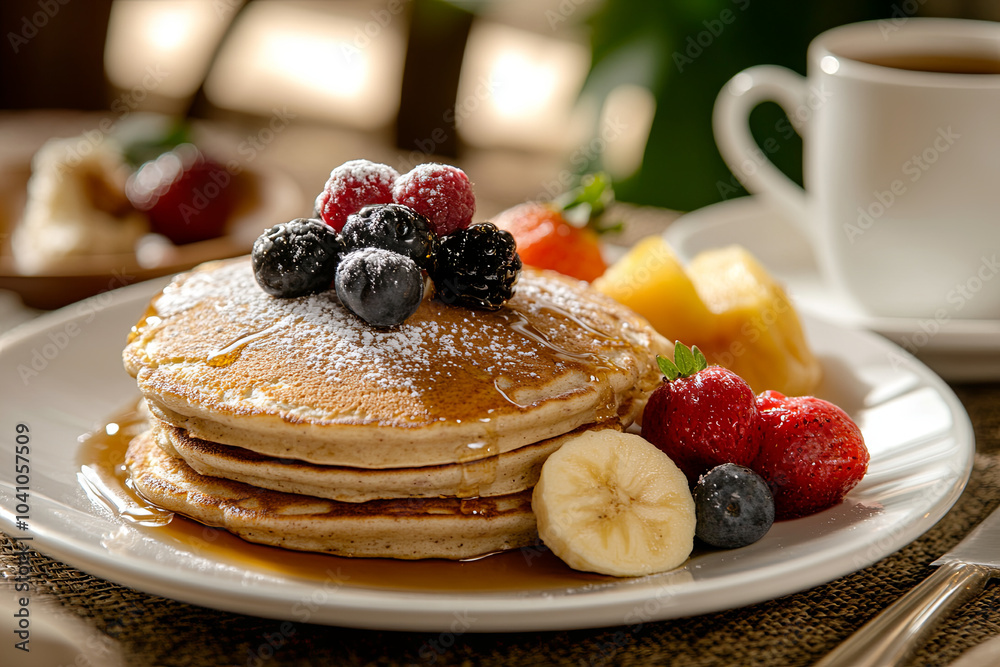 Table set with a complete vegan breakfast: pancakes with maple syrup, fresh fruit, and coffee Table set with a complete vegan breakfast: pancakes with maple syrup, fresh fruit, and coffee