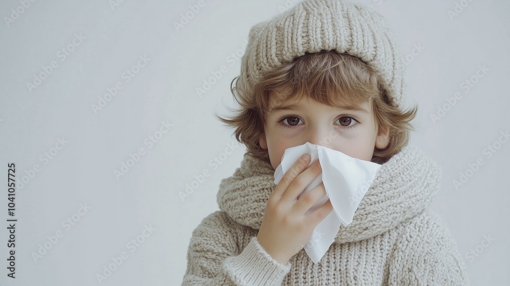 Banner with free space for text, a child holding a handkerchief to his nose, light grey background Banner with free space for text, a child holding a handkerchief to his nose, light grey background