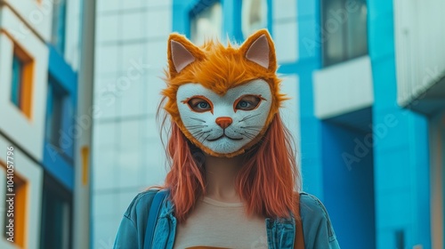 A teenager girl in a ginger fur cat or fox mask. Quadrobics subculture, furry photo