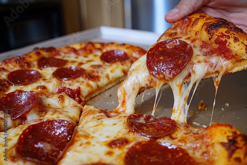 Slices of pepperoni pizza with gooey cheese pulling apart photo