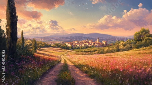 A picturesque landscape with a winding path leading to a charming village at sunset.