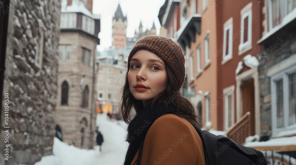 Fototapeta premium Young woman in winter attire looking back while walking in a snowy European street
