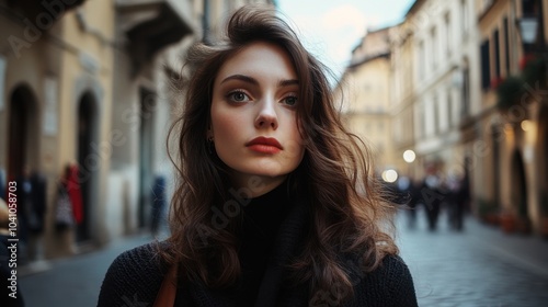 Close-up portrait of a woman with dark hair standing on a busy street