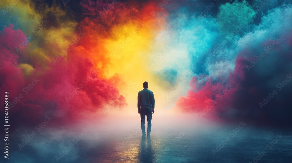 A person contemplates life surrounded by colorful misty clouds A person contemplates life surrounded by colorful misty clouds