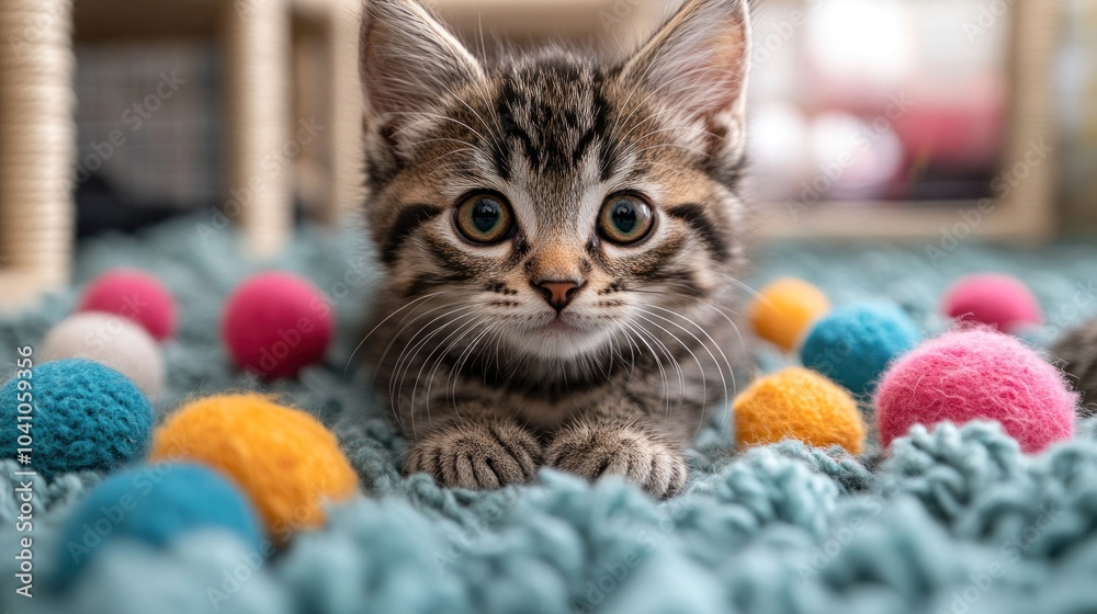 A playful kitten surrounded by colorful pom-poms on a textured rug. A playful kitten surrounded by colorful pom-poms on a textured rug.