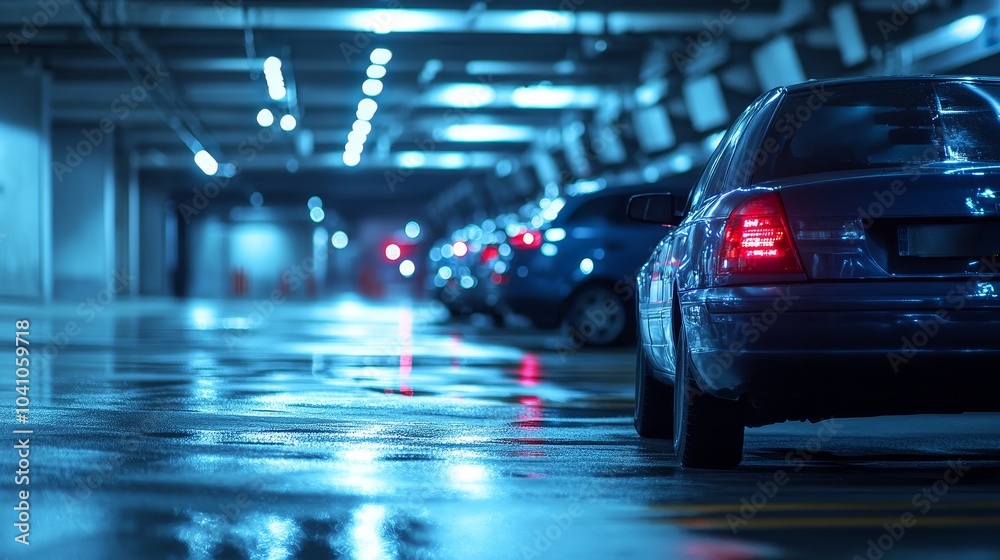 A blue sedan is parked in a dimly lit underground garage