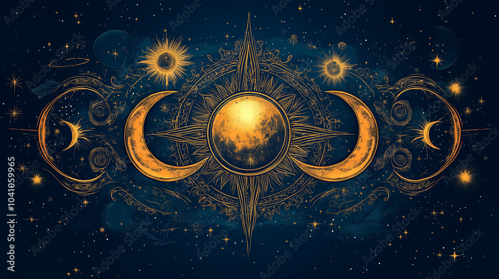 A celestial design featuring a sun, moon, and stars, with a blue and gold color scheme. A celestial design featuring a sun, moon, and stars, with a blue and gold color scheme.