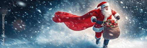 Santa Claus dashing through snow with red banner and gift sack Banner.
