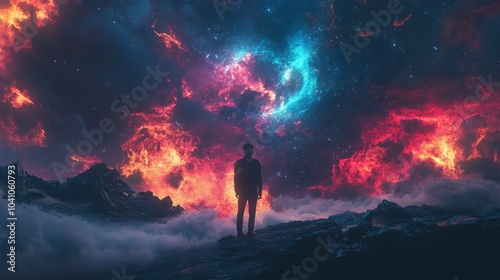 A human silhouette gazes at colorful cosmic formations