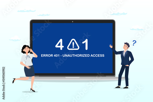ERROR 401 - UNAUTHORIZED ACCESS, computer outage, error or failure, operating system crash or cyber attack, technical issue concept, people victims looking at computer laptop outage