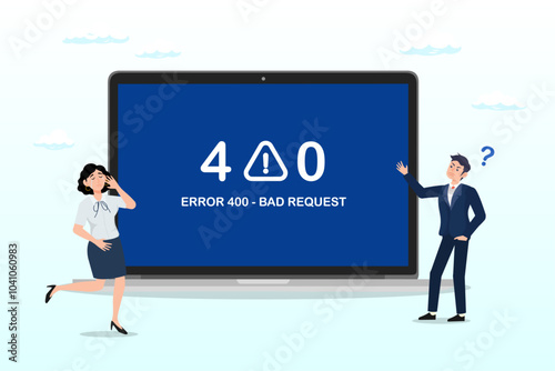 ERROR 400 - BAD REQUEST, computer outage, error or failure, operating system crash or cyber attack, technical issue concept, people victims looking at computer laptop outage