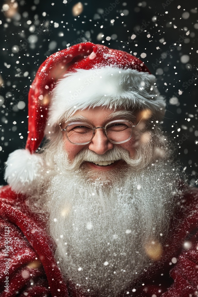A joyful figure smiles warmly as snowflakes gently fall around him
