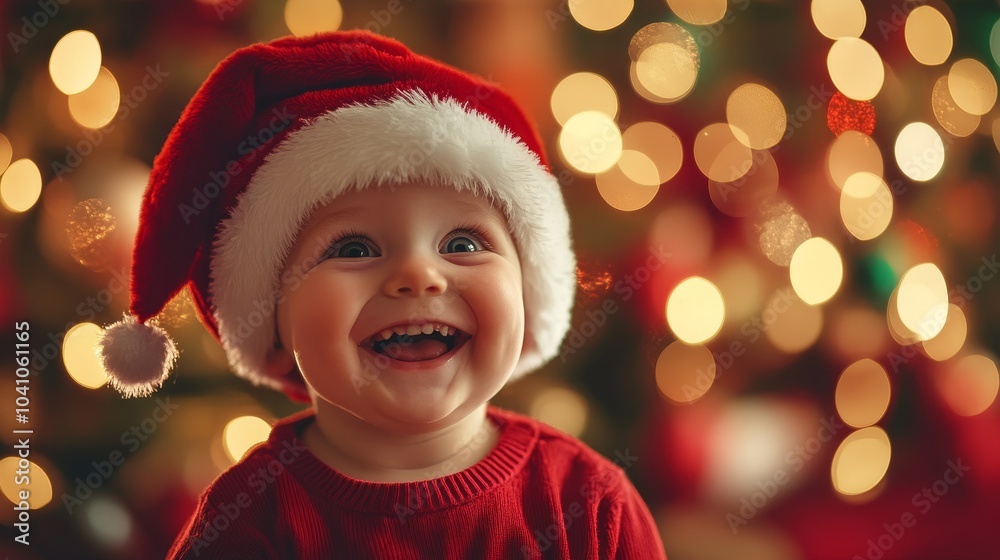 A cheerful child smiles brightly while wearing a Santa hat A cheerful child smiles brightly while wearing a Santa hat