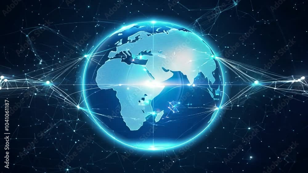 A glowing digital globe surrounded by a web of connected lines and nodes, representing global connectivity. A glowing digital globe surrounded by a web of connected lines and nodes, representing global connectivity.