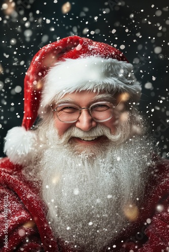 A joyful figure smiles warmly as snowflakes gently fall around him