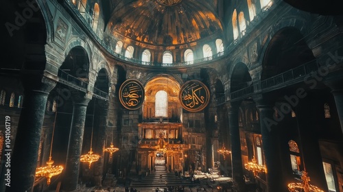 Interior of a historic mosque featuring grand architecture and ornate decorations.