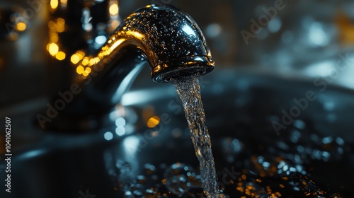 Water streams from a modern faucet into a dark sink photo