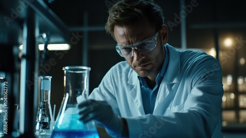 Scientist in laboratory analyzing blue substance in beaker, conducting medical research for pharmaceutical discovery, biotechnology development in healthcare, science and chemistry, Generative AI