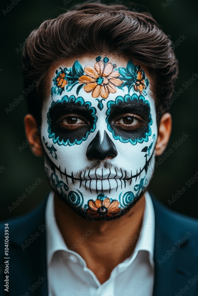 During the Day of the Dead celebration, a man showcases vibrant face paint featuring intricate floral designs and skull patterns, embodying the spirit of this cultural tradition During the Day of the Dead celebration, a man showcases vibrant face paint featuring intricate floral designs and skull patterns, embodying the spirit of this cultural tradition