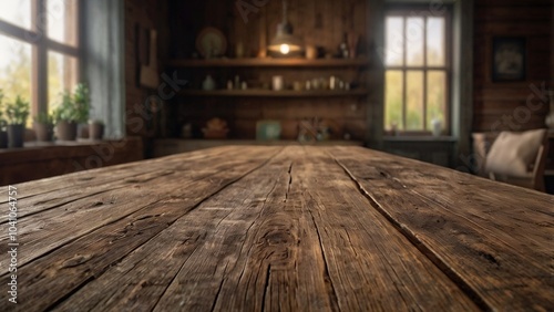 Rustic and empty old wooden table on a blurred interior of a cozy wooden house or cafe, perfect for village-themed decor.