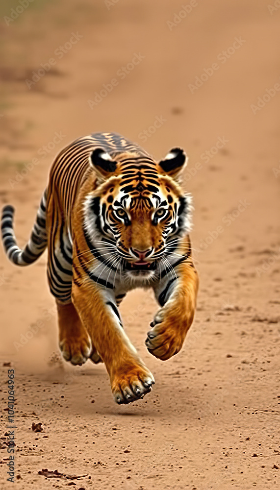 Fototapeta premium A tiger is running through a dirt road