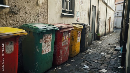 An alley with colorful trash bins against a backdrop of urban walls and cobblestone pavement.