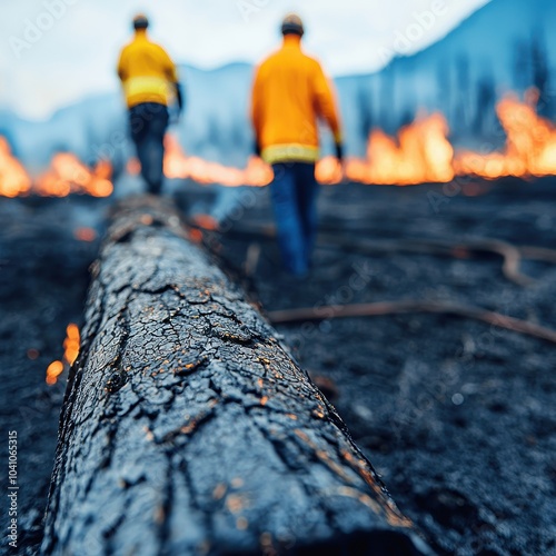 Firefighters working to combat wildfires in a burned forest area surrounded by flames and smoke. photo