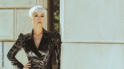 Woman with short white hair in black glossy jacket standing confidently against light stone wall in urban setting, fashion-forward style in modern outdoor environment.