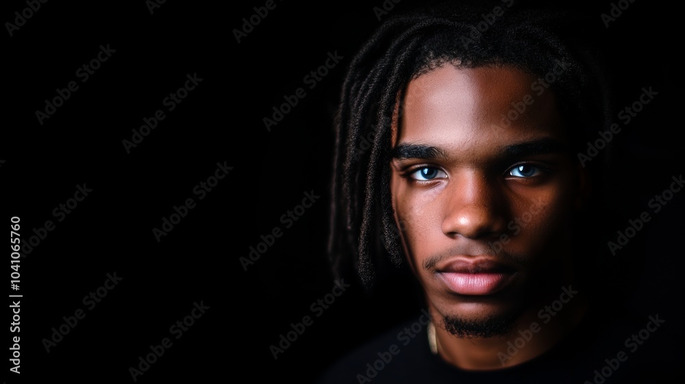 Portrait of a young man with intense gaze, dreadlocks, and soft lighting against a dark background in a digital illustration style. Portrait of a young man with intense gaze, dreadlocks, and soft lighting against a dark background in a digital illustration style.