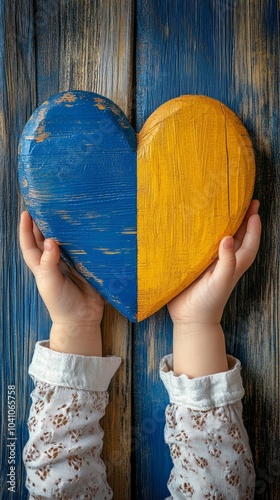 A pair of hands gently cradles a wooden heart, half painted blue and half yellow, symbolizing Ukrainian pride, with a textured wooden background enhancing the emotional tone photo